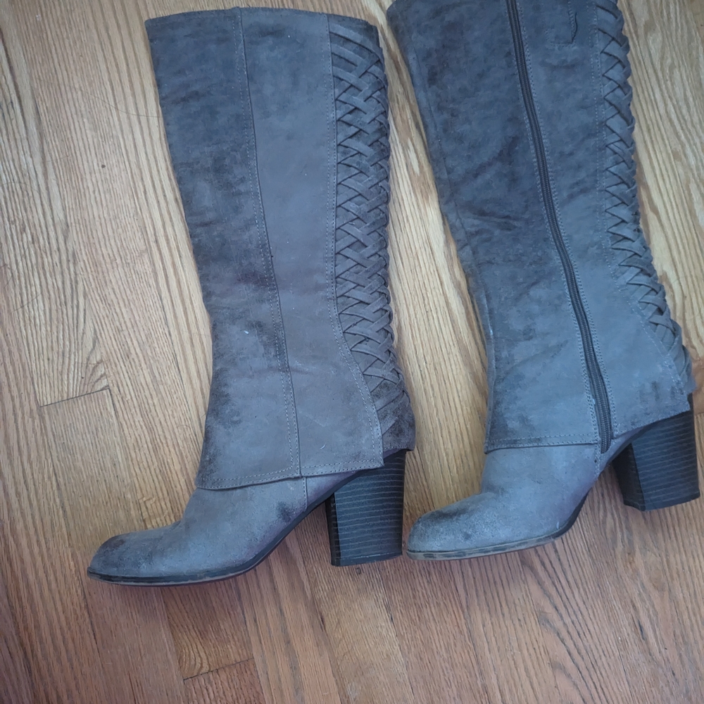 Fergalicious Gray Heeled Boots with Lace-Up Design
